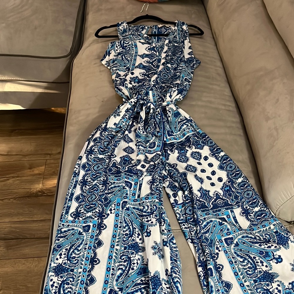 Ann Taylor Blue and White Paisley Jumpsuit